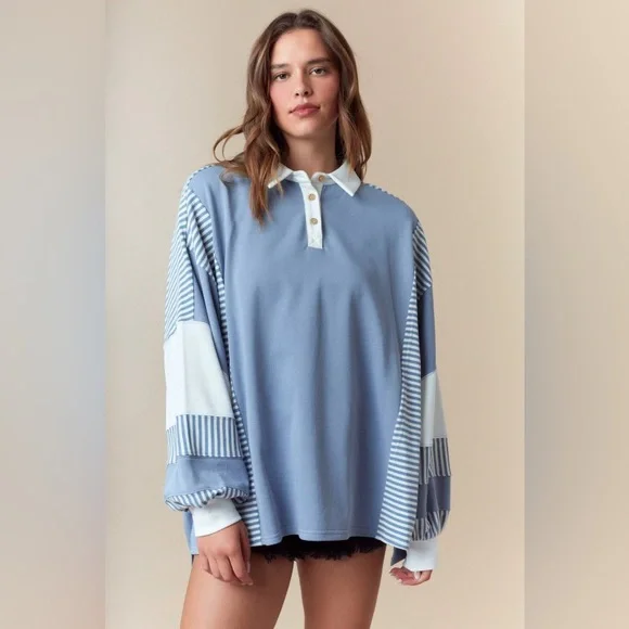 Fantastic Fawn NIP Blue Color Block Top with Stripe Point Collar - Picture 1 of 5